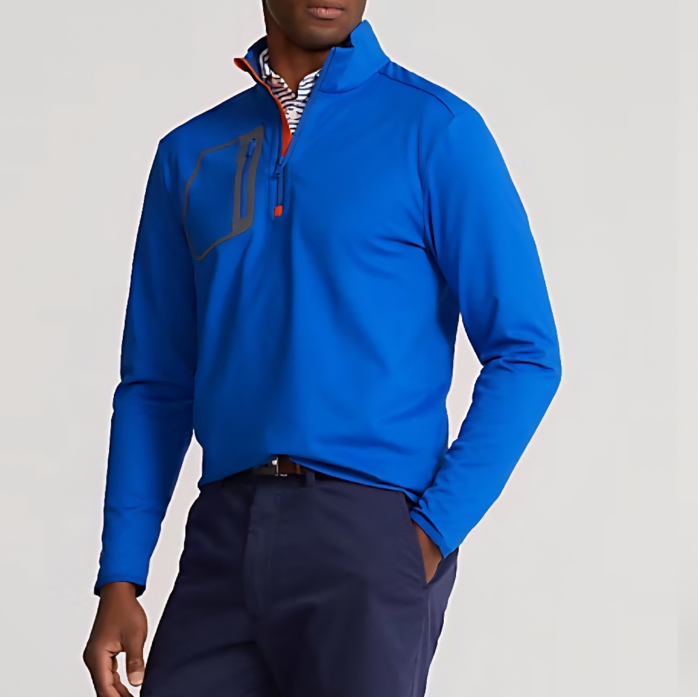 Ralph Lauren RLX Classic Fit Lux Blue Quarter-Zip Pullover with Orange Accents